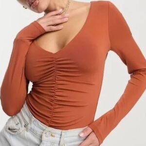 Abercrombie & Fitch Burnt Orange Soft AF Ruched Long Sleeve Bodysuit XS